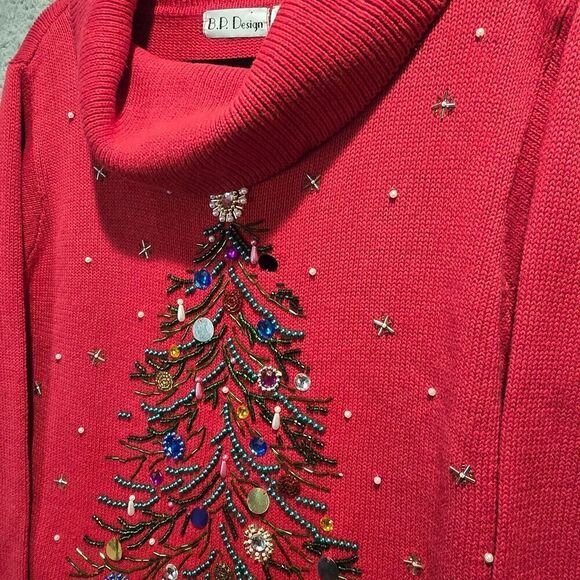NWT BP DESIGN WOMENS CHRISTMAS SWEATER TREE SEQUIN COWL NECK Sz L HOLIDAY Beaded - Picture 4 of 13